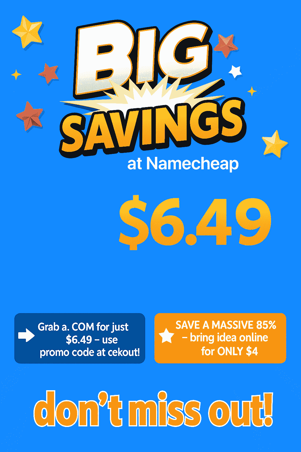 New customers Get a .COM for just $6.49 with promo code