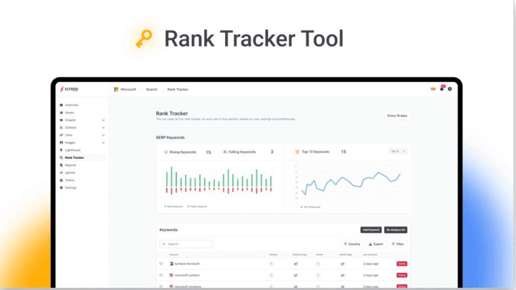 Stay on top of search rankings with detailed keyword tracking.