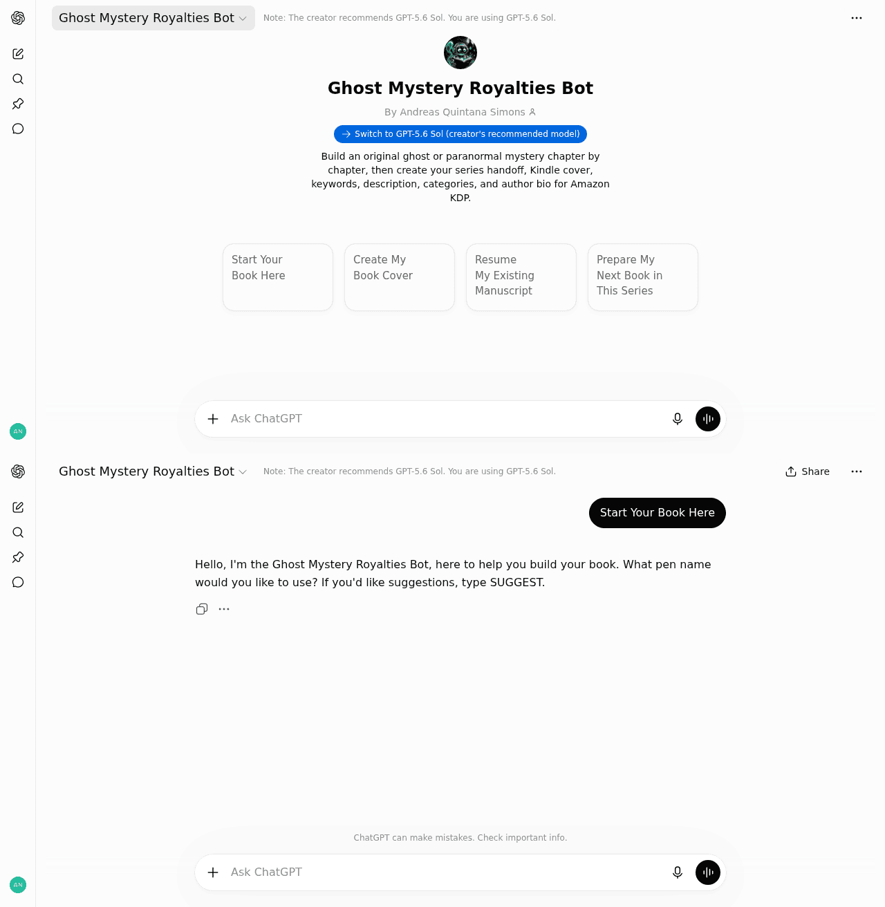 Ghost Mystery Royalties Bot ChatGPT interface and book creation options
