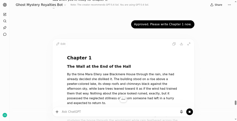 Ghost Mystery Royalties Bot generating Chapter 1 manuscript